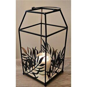 Black Metal Candle Lantern Indoor Outdoor Leaf Design Decorative Centerpiece